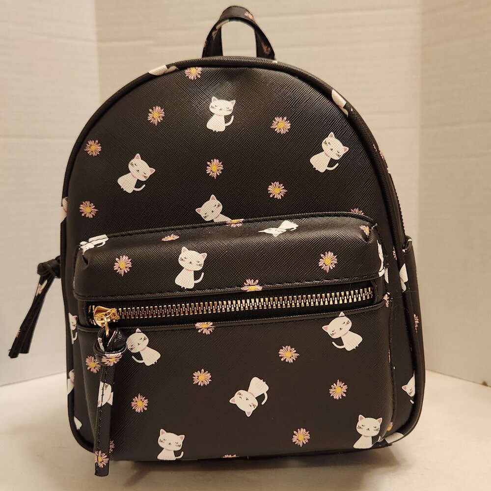 Underonesky Black Backpack Purse with White Kitties & Front Zipper Pocket NEW